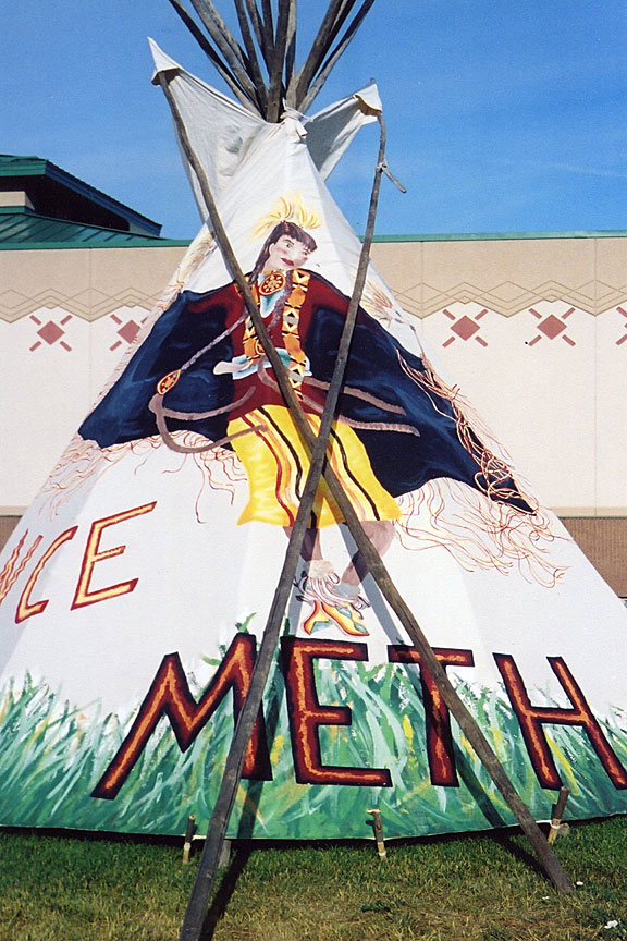 I worked with the Meth Prevention Board of the Northern Cheyenne Tribe. I chose a positive theme: &quot;Dance Meth Down!&quot; This represents the war on Meth on the reservations and Native American culture with a traditional PowWow dancer. Unfortunately, the photo doesn&#039;t show the whole piece.