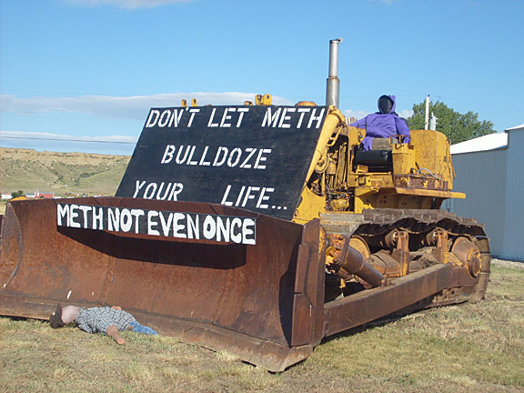 In my display I used D-7 cat dozer, 2 stuffed dummies, and 2 signs.  My theme is &quot; Don&#039;t let meth bulldoze your life.. The inspiation behind my display was that meth destroys lives just like the bulldozer can destroy things.