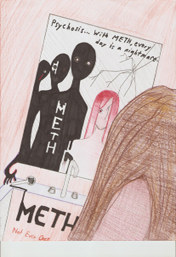 This artwork was submitted by Tristan C. from Waiakea High School for the Hawaii Meth Project Take a Stand Against Meth Art contest and was recognized as an honorable mention. He credits this page http://www.methproject.org/answers/what-is-meth-induced-psychosis.html#Psychotic-Behavior as his inspiration. 