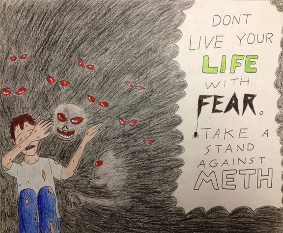 This artwork was submitted by Steven W. from Radford High School for the Hawaii Meth Project Take a Stand Against Meth Art contest and was recognized as an honorable mention. He credits this page http://www.methproject.org/answers/what-is-meth-induced-psychosis.html#Psychotic-Behavior as his inspiration. 